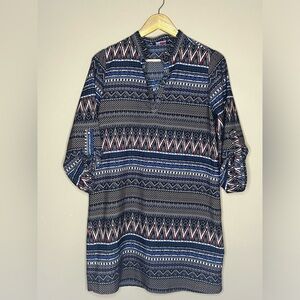 Indulge Dress Geometric Blue Red V-Neck Rolled Sleeve Size M